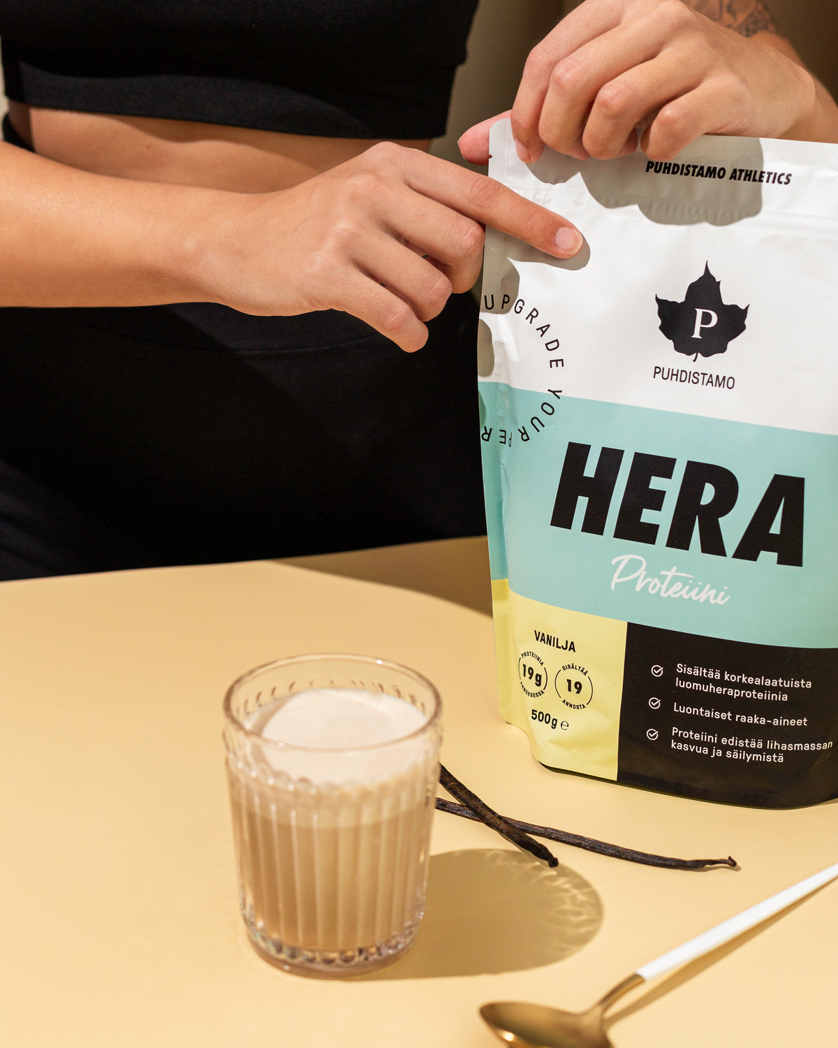 Puhdistamo Hera heraproteiinijauhe vanilja 500g proteiinilisä juomiin ja aamiaiselle TerveysVoima verkkokaupasta