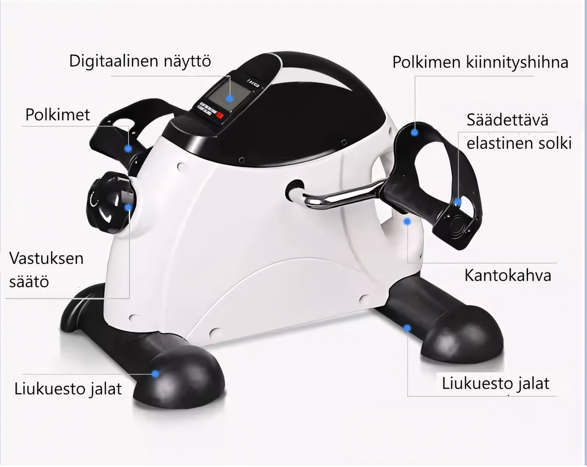 Valkoinen TerveysVoima minikuntopyörä LED-näytöllä jalkojen ja käsien harjoittamiseen kotona ja toimistolla