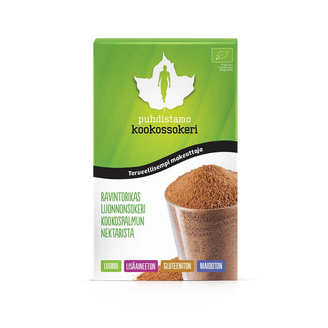 Puhdistamo luomu kookossokeri 250g luonnonmakeuttaja leivontaan ja ruoanlaittoon gluteeniton ja maidoton TerveysVoima verkkokaupasta