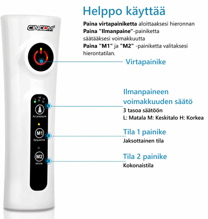 CINCOM kompressiolahkeiden ohjausyksikkö - helppo käyttää M1/M2 tilat ja 3 tehotasoa TerveysVoima verkkokaupasta