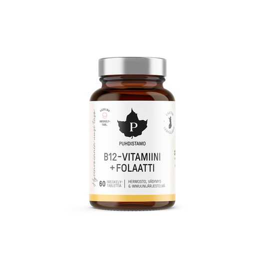 Puhdistamo B12-vitamiini + Folaatti vadelma imeskelytabletti 60kpl  TerveysVoima verkkokaupasta