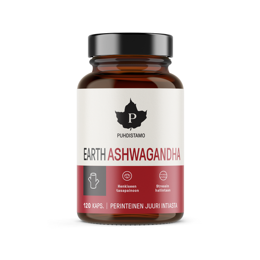 Puhdistamo EARTH Ashwagandha 120 kapselia TerveysVoima verkkokauppa