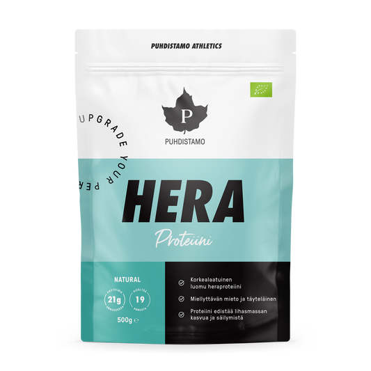 Puhdistamo Hera luomu heraproteiinijauhe natural 500g proteiinilisä smoothieihin ja pirtelöihin TerveysVoima verkkokaupasta