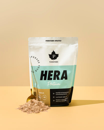 Puhdistamo Hera heraproteiinijauhe suklaa 500g proteiinilisä smoothieihin TerveysVoima verkkokaupasta