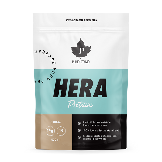 Puhdistamo Hera suklaamakuinen heraproteiinijauhe 500g pirtelöihin ja proteiiniannoksiin TerveysVoima verkkokaupasta