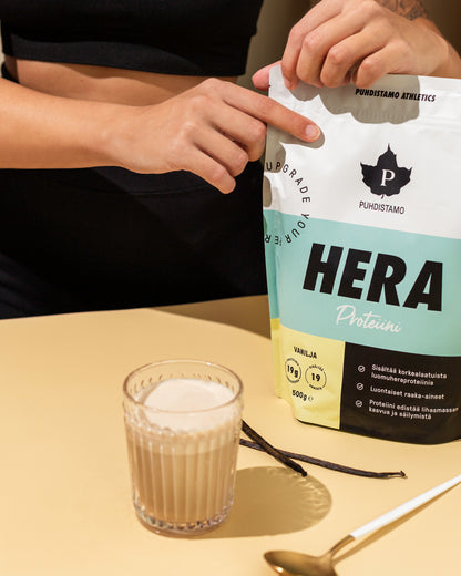Puhdistamo Hera heraproteiinijauhe vanilja 500g proteiinilisä juomiin ja aamiaiselle TerveysVoima verkkokaupasta