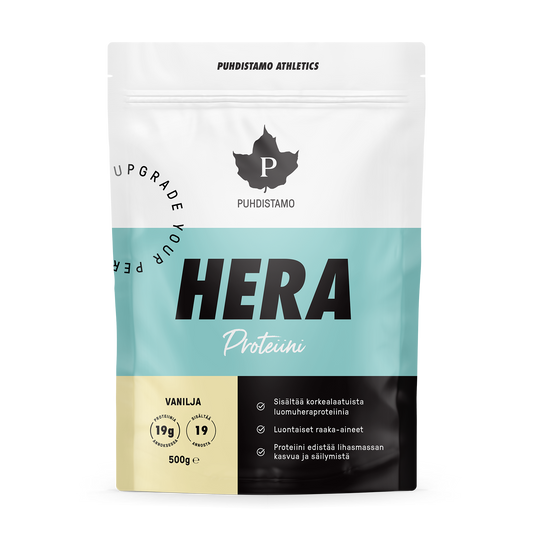 Puhdistamo Hera heraproteiinijauhe vanilja 500g proteiinilisä juomiin ja aamiaiselle TerveysVoima verkkokaupasta