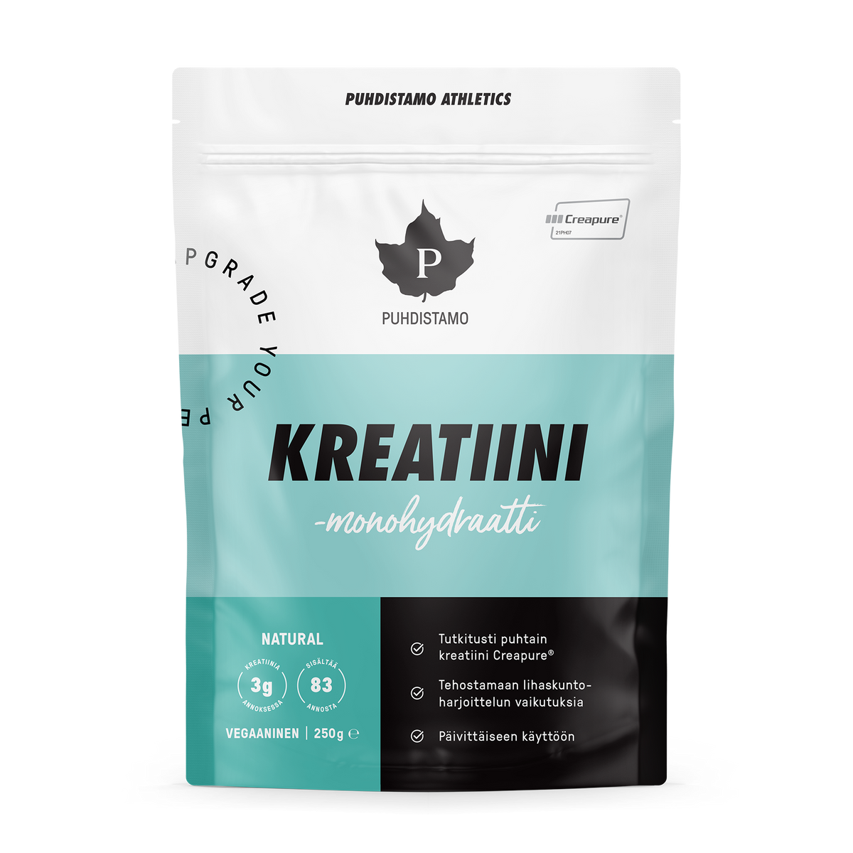 Puhdistamo Athletics kreatiinimonohydraatti 250g Creapure vegaaninen päivittäiseen käyttöön TerveysVoima verkkokaupasta