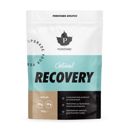 Puhdistamo Athletics Optimal Recovery 700g suklaa palautumisjauhe heraproteiini ja hiilihydraatit liikuntaan TerveysVoima verkkokaupasta
