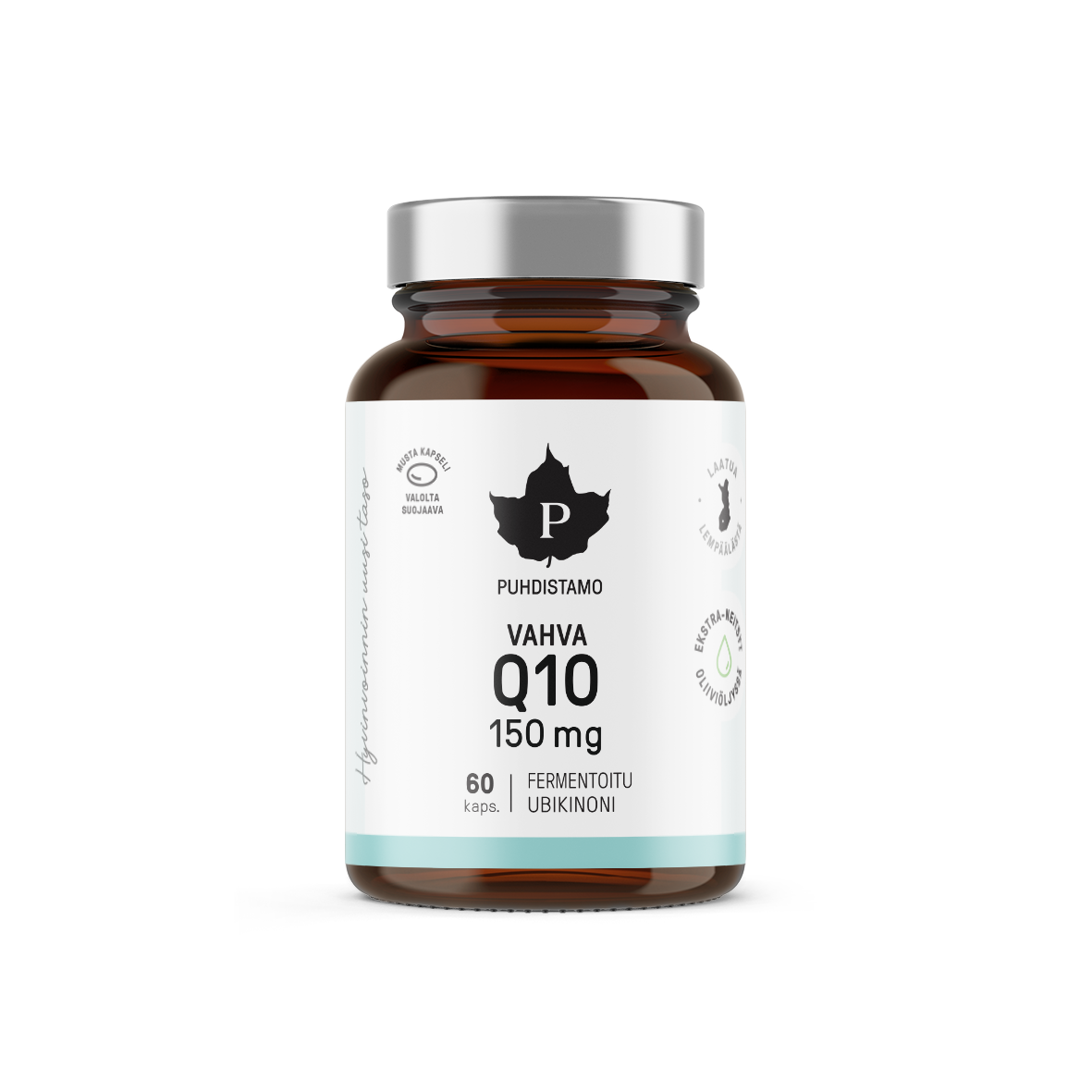 Puhdistamo Vahva Q10 150mg ubikinoni kapseli 60kpl fermentoitua koentsyymiä C-vitamiinilla ruskeassa lasipurkissa TerveysVoima verkkokaupasta