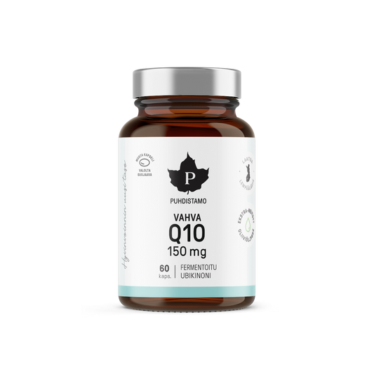 Puhdistamo Vahva Q10 150mg ubikinoni kapseli 60kpl fermentoitua koentsyymiä C-vitamiinilla ruskeassa lasipurkissa TerveysVoima verkkokaupasta