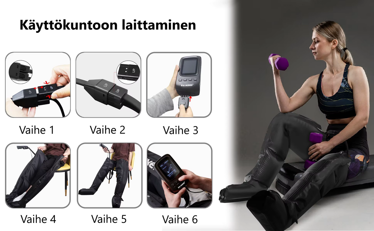 Quinear kompressiolahkeet koko jalalle QN-071A ohjaimella ja säilytyslaukulla - Käyttöön otto vaiheet - TerveysVoima verkkokauppa