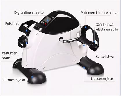 Valkoinen TerveysVoima minikuntopyörä LED-näytöllä jalkojen ja käsien harjoittamiseen kotona ja toimistolla