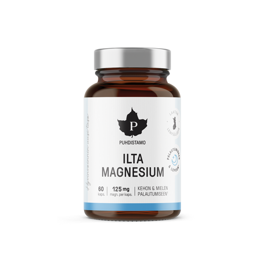 Puhdistamo Ilta Magnesium 60 kapselia magnesiumbisglysinaattia kärsimyskukkauutteella ja L-teaniinilla TerveysVoima verkkokaupasta