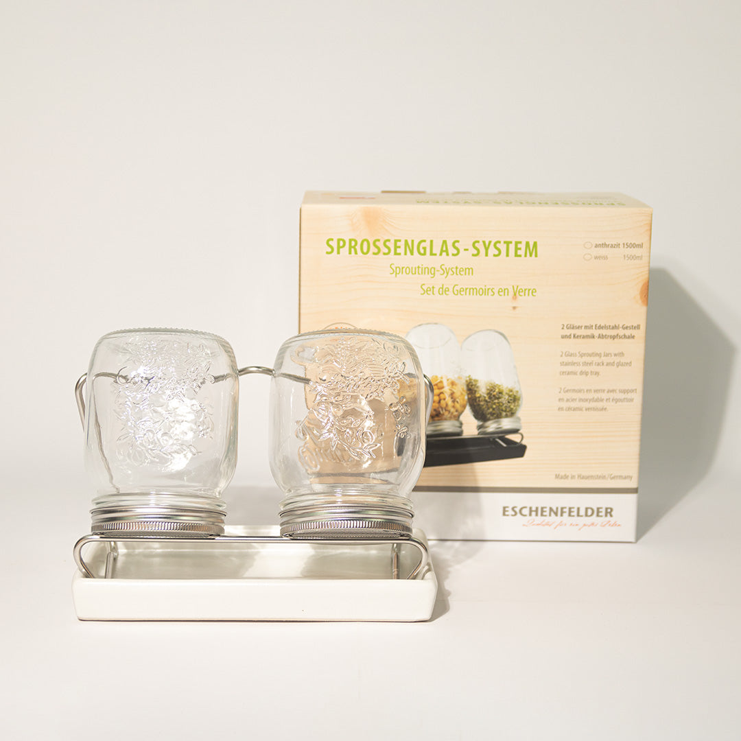 Eschenfelder lasinen idätysastia valkoinen valutusastia TerveysVoima - kaksi lasipurkkia 750 ml ruostumattomalla metalliseulalla siementen idättämiseen