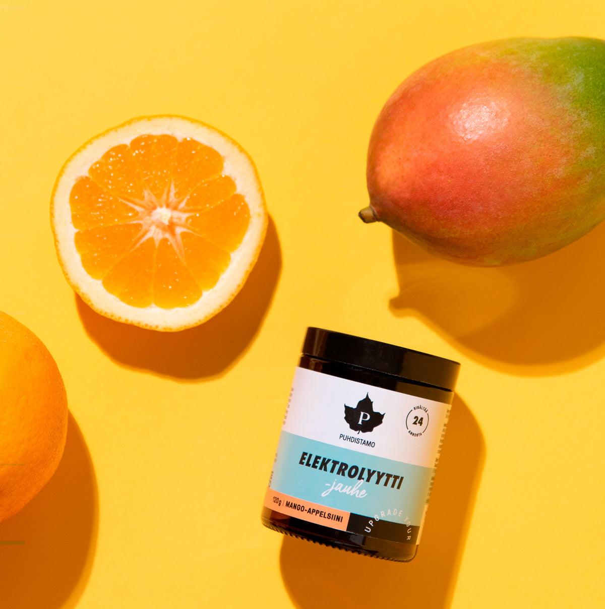 Puhdistamo Elektrolyyttijauhe mango-appelsiini maku 120 g – nestetasapainon tukemiseen urheiluun ja palautumiseen TerveysVoima verkkokaupasta