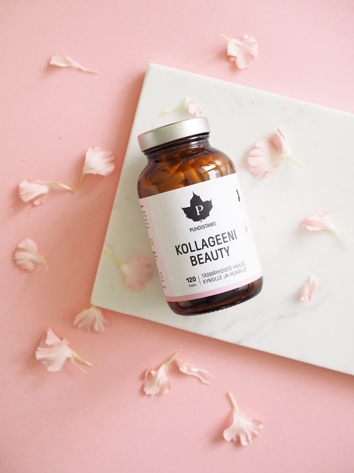Puhdistamo Kollageeni Beauty 120 kapselia kollageenipeptidi biotiini C-vitamiini ja sinkki ravintolisä TerveysVoima verkkokaupasta