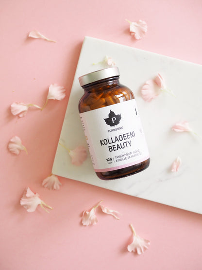 Puhdistamo Kollageeni Beauty 120 kapselia kollageenipeptidi biotiini C-vitamiini ja sinkki ravintolisä TerveysVoima verkkokaupasta