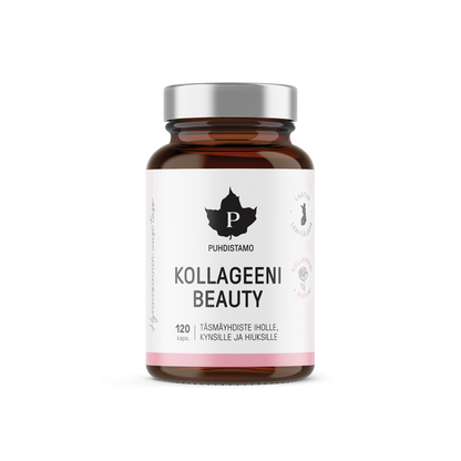 Puhdistamo Kollageeni Beauty 120 kapselia kollageenipeptidi biotiini C-vitamiini ja sinkki ravintolisä TerveysVoima verkkokaupasta