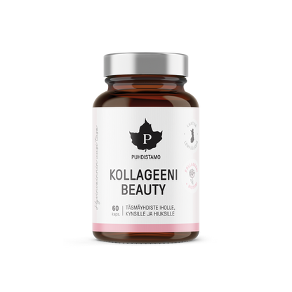 Puhdistamo Kollageeni Beauty 60 kapselia kollageenipeptidi biotiini C-vitamiini ja sinkki ravintolisä TerveysVoima verkkokaupasta