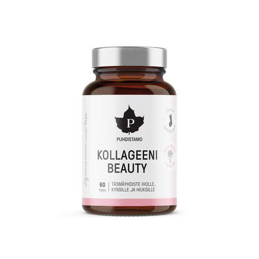 Puhdistamo Kollageeni Beauty 60 kapselia kollageenipeptidi biotiini C-vitamiini ja sinkki ravintolisä TerveysVoima verkkokaupasta