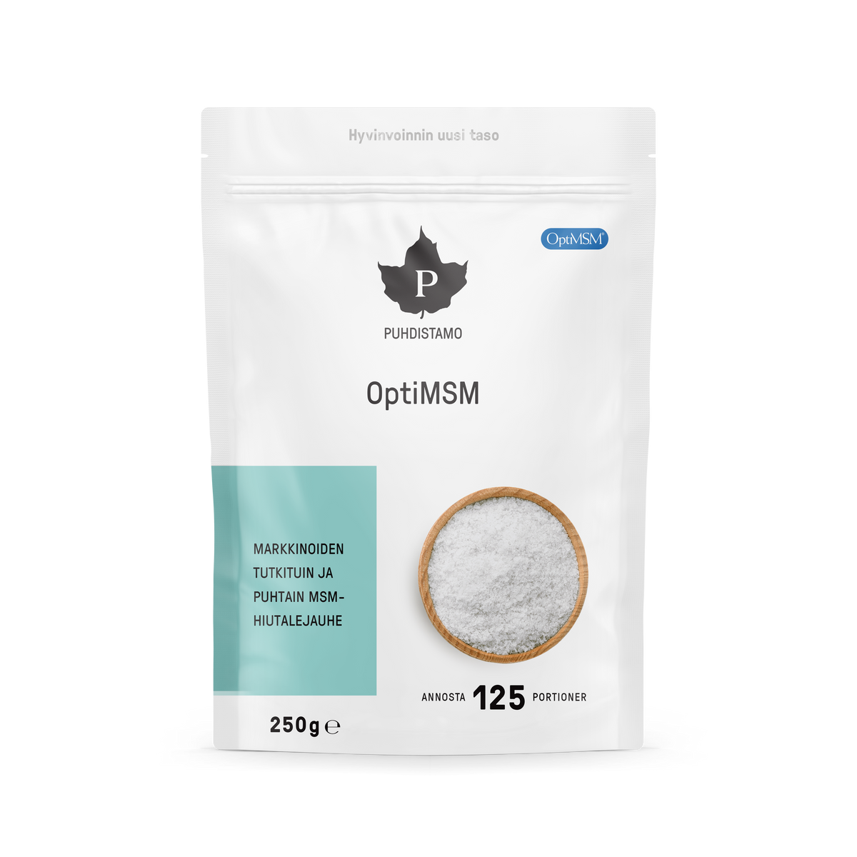 Puhdistamo OptiMSM 250g metyylisulfonyylimetaani MSM-hiihtälejauhe päivittäiseen käyttöön TerveysVoima verkkokaupasta