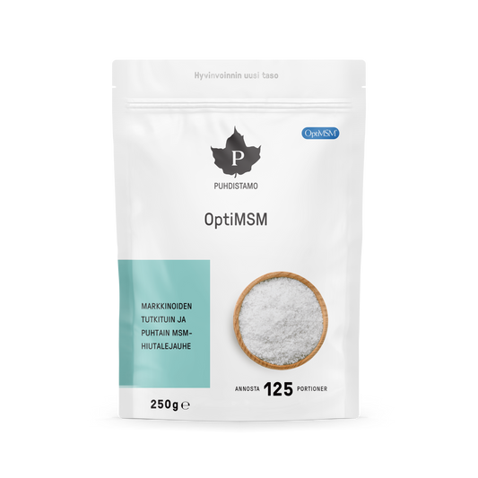 Puhdistamo OptiMSM 250g metyylisulfonyylimetaani MSM-hiihtälejauhe päivittäiseen käyttöön TerveysVoima verkkokaupasta
