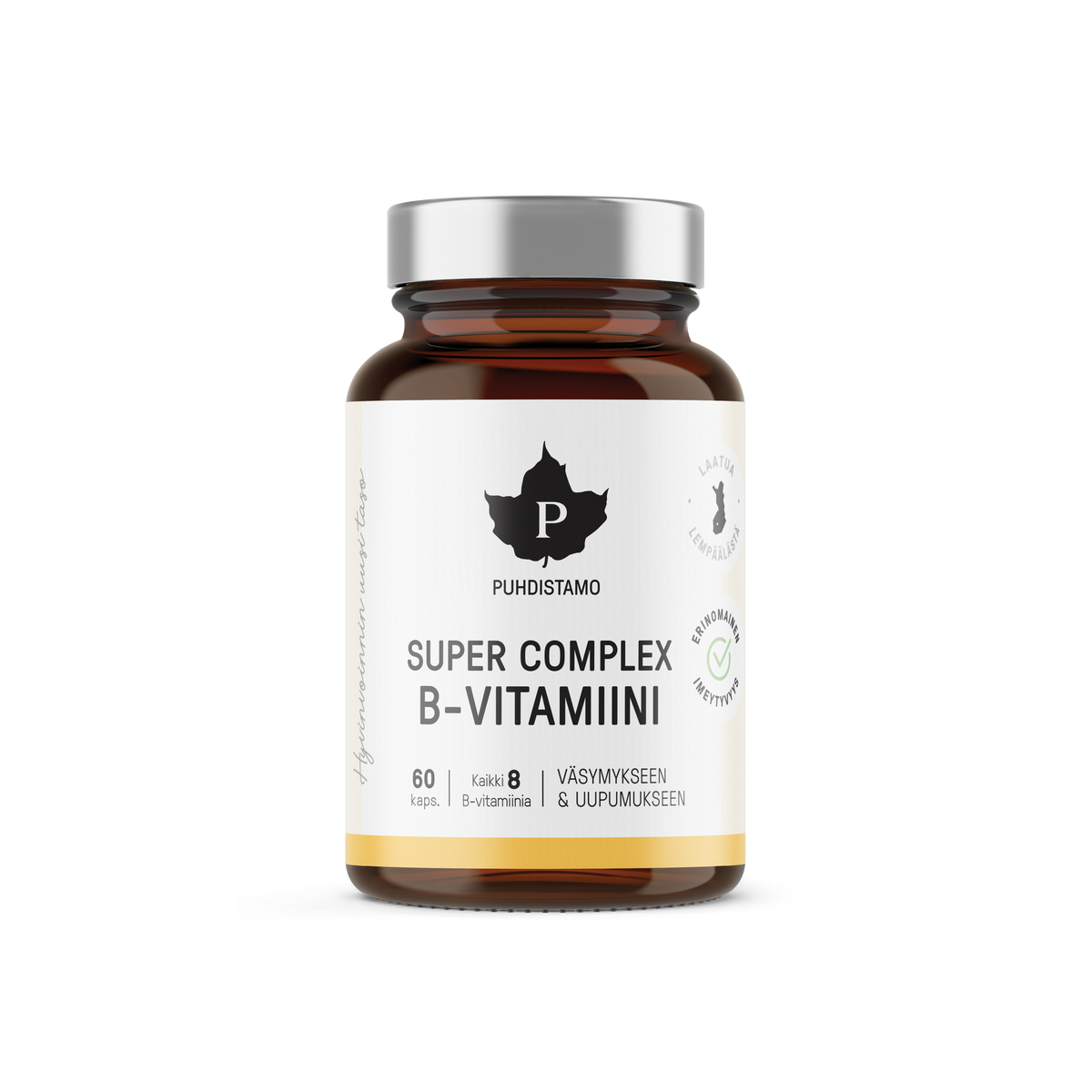 Puhdistamo Super Complex B-vitamiini 60 kapselia kahdeksan B-vitamiinia ravintolisä TerveysVoima verkkokaupasta