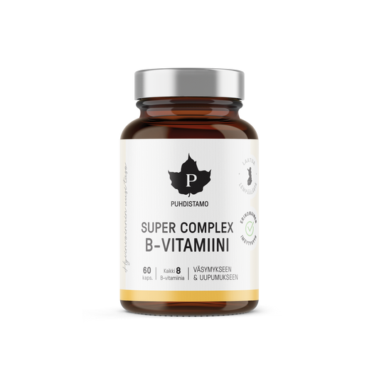 Puhdistamo Super Complex B-vitamiini 60 kapselia kahdeksan B-vitamiinia ravintolisä TerveysVoima verkkokaupasta