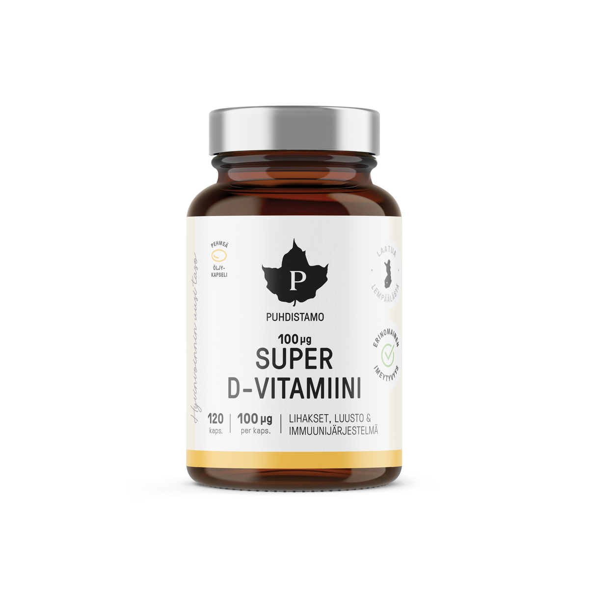Puhdistamo Super D-vitamiini 60 kapselia 100µg D3-vitamiini A-vitamiini EPA ja DHA ravintolisä TerveysVoima verkkokaupasta