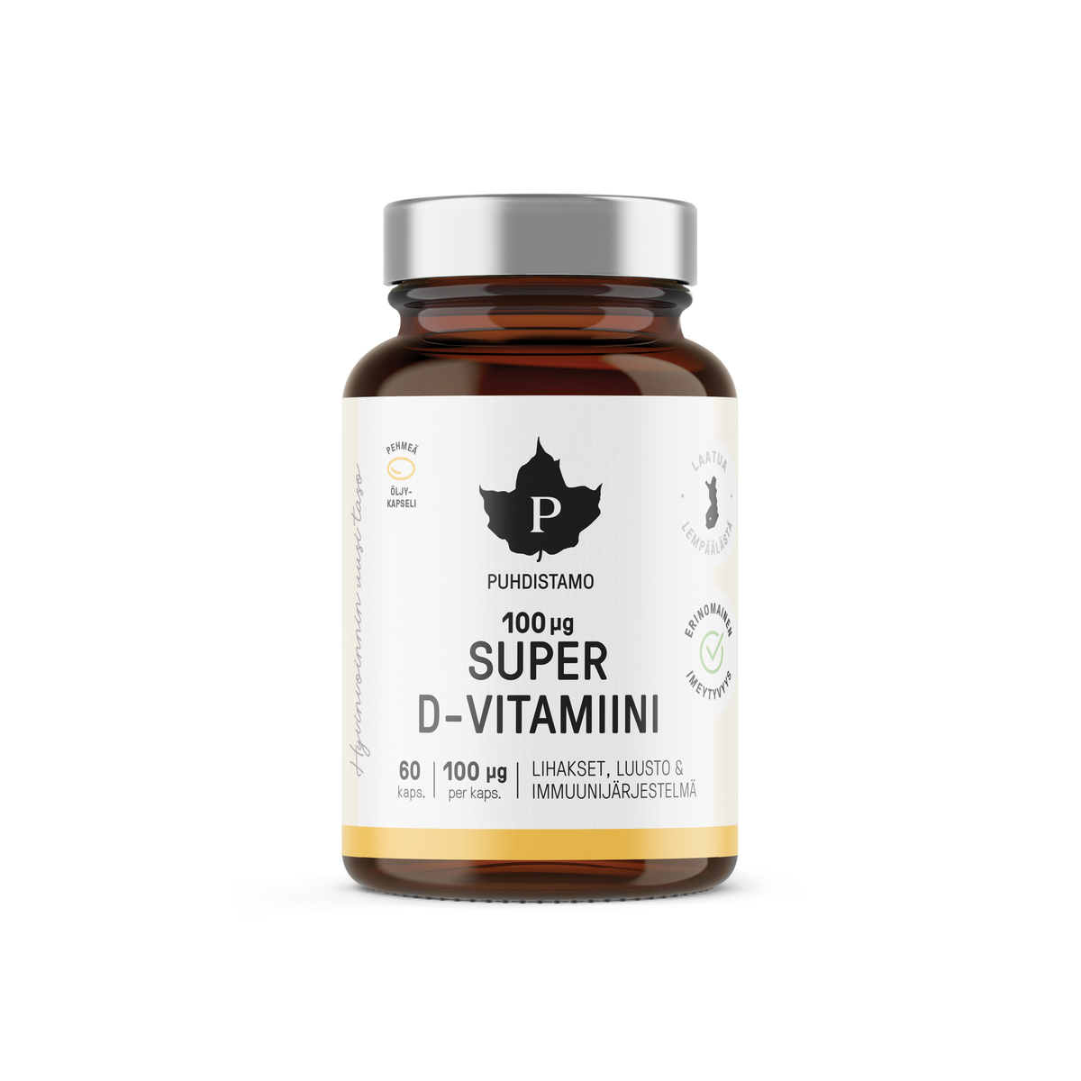 Puhdistamo Super D-vitamiini 60 kapselia 100µg D3-vitamiini A-vitamiini EPA ja DHA ravintolisä TerveysVoima verkkokaupasta