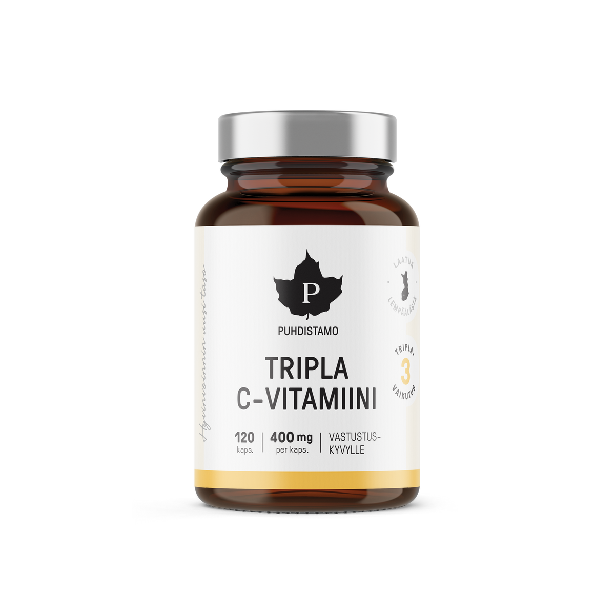 Puhdistamo Tripla C-vitamiini 400mg kapseli 120kaps kolmella C-vitamiinin muodolla ja camu camu -marjajauhetta ruskeassa lasipurkissa TerveysVoima verkkokaupasta