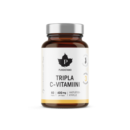 Puhdistamo Tripla C-vitamiini 400mg kapseli 60kpl kolmella C-vitamiinin muodolla ja camu camu -marjajauhetta ruskeassa lasipurkissa TerveysVoima verkkokaupasta