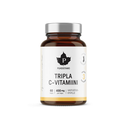 Puhdistamo Tripla C-vitamiini 400mg kapseli 60kpl kolmella C-vitamiinin muodolla ja camu camu -marjajauhetta ruskeassa lasipurkissa TerveysVoima verkkokaupasta