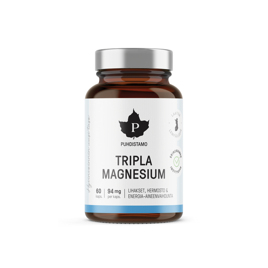 Puhdistamo Tripla Magnesium 94mg kapseli 60kpl kolmella magnesiumin muodolla  TerveysVoima verkkokaupasta